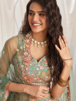 elegant limegreen organza lehenga choli with patch work