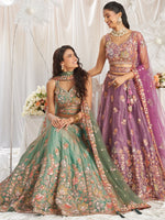 elegant limegreen organza lehenga choli with patch work