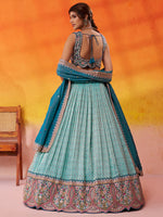 designer turquoise blue jacquard tissue lehenga for women