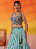 turquoise blue tissue jacquard lehenga for bridal wear
