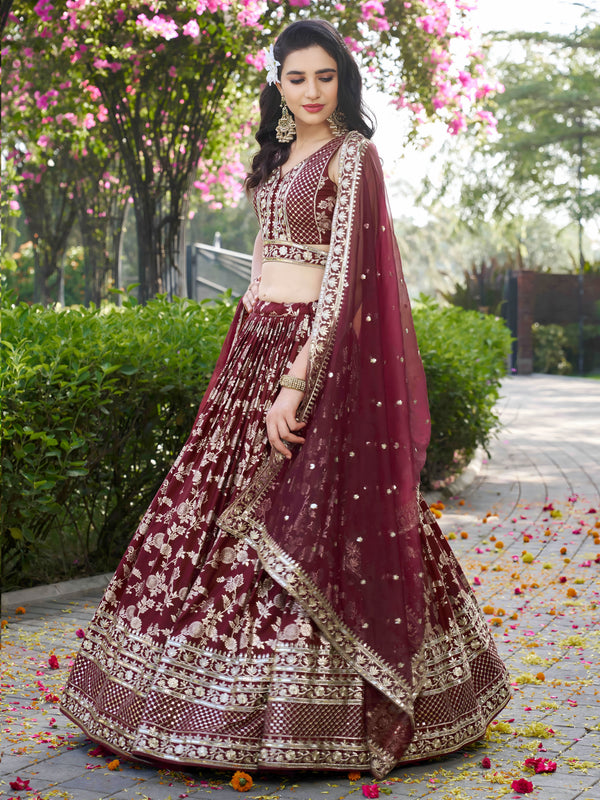 Maroon Dola Silk Jacquard Embroidered Lehenga Choli
