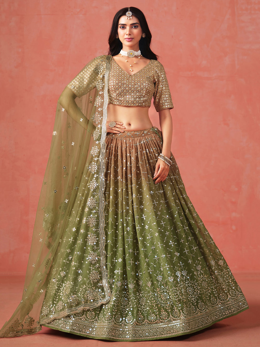Mehendi Green Georgette Lehenga Choli For Wedding