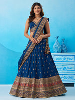 morpeach teal chinnon silk embroidered semi stitched lehenga set