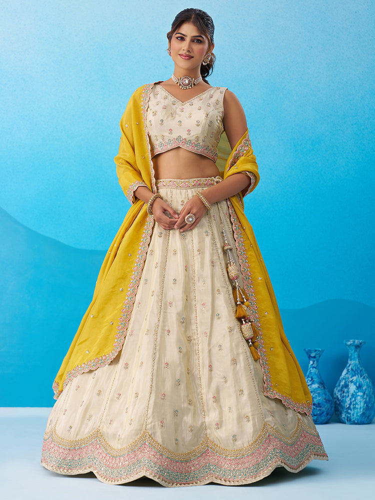 mustard tissue sequins embroidered semi-stitched lehenga set