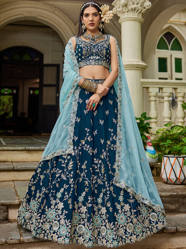 Navy Blue Organza Lehenga Choli for Wedding