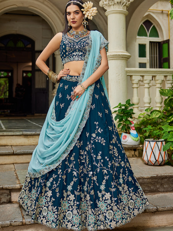 Navy Blue Organza Lehenga Choli for Wedding
