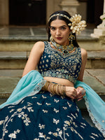 navy blue designer semi stitched organza lehenga choli with dupatta