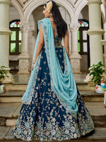 navy blue embroidered organza lehenga for party and wedding wear