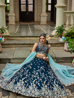 navy blue organza lehenga with elegant sequins embroidery