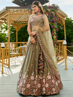 olive green satin designer bridal lehenga with matching dupatta