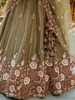 olive green embroidered satin lehenga choli for engagement ceremony