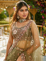 olive green satin reception lehenga choli with sequins detailing