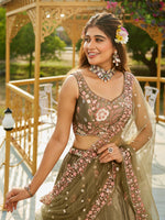 olive green satin reception lehenga choli with sequins detailing