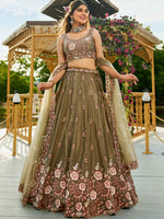 olive green satin reception lehenga choli with sequins detailing
