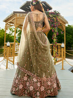olive green satin reception lehenga choli with sequins detailing