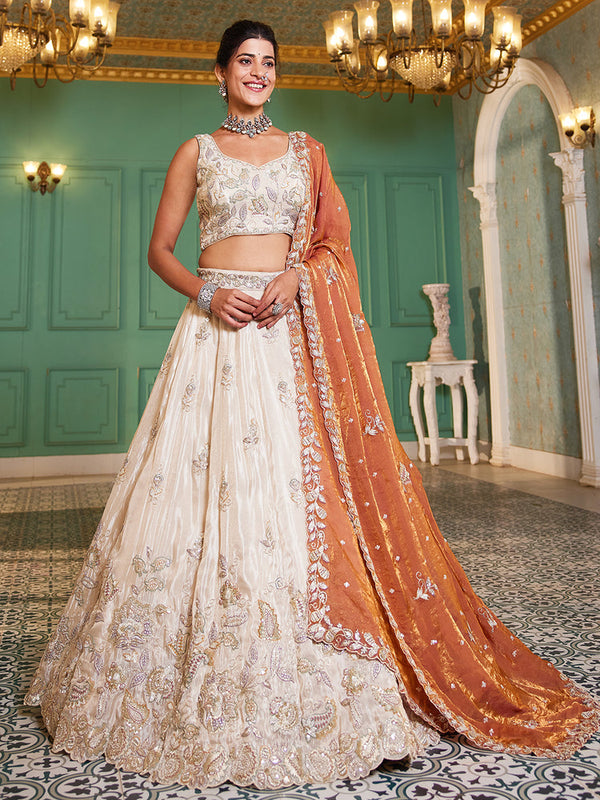 Orange Indian Wedding Tissue Lehenga Choli