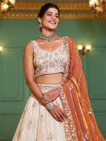 orange sequins embroidered semi stitched lehenga choli