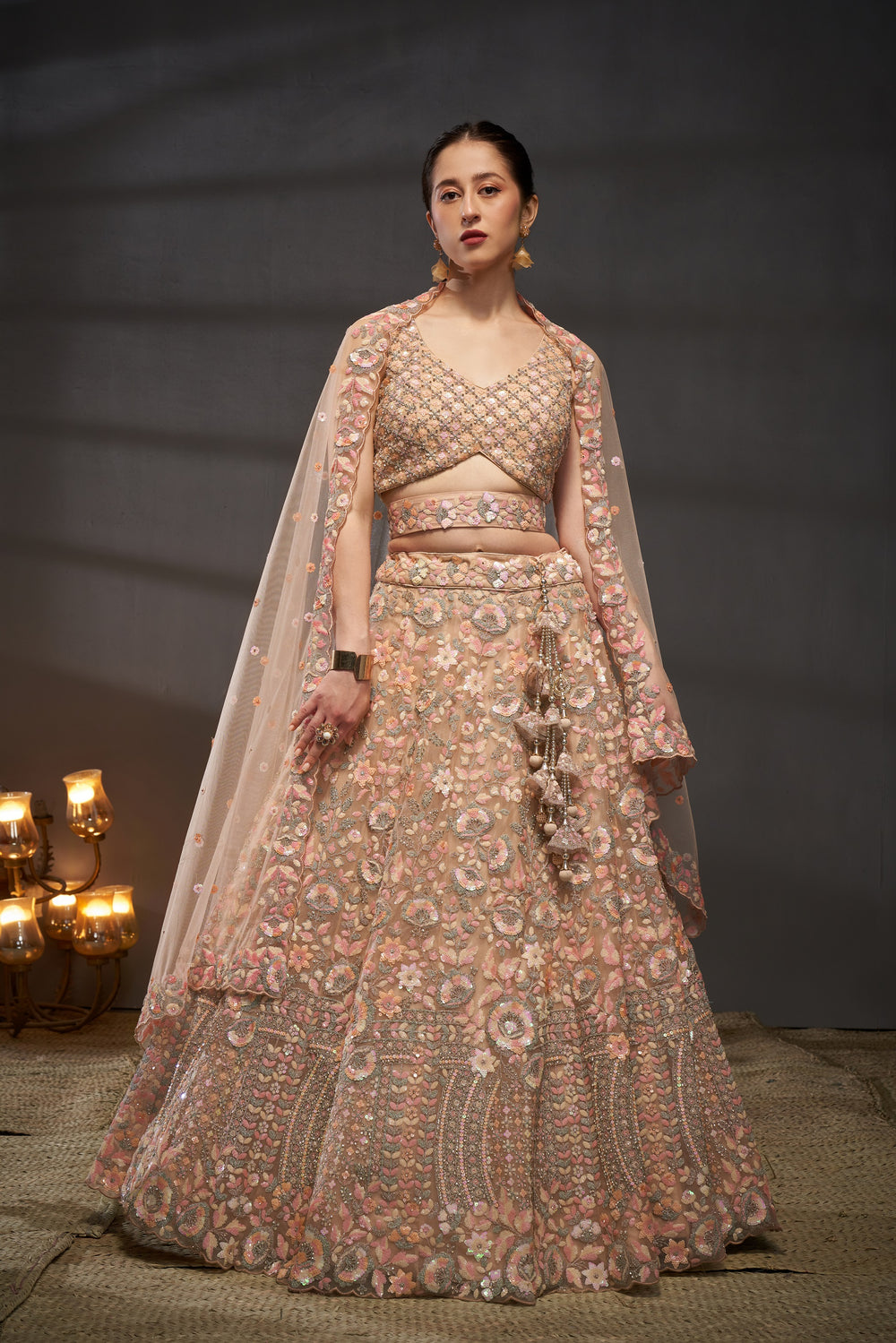 designer peach net lehenga choli for wedding