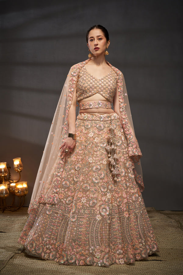 Peach Net Multi Sequence Embroidered Bridal Lehenga Choli