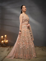 designer peach net lehenga choli for wedding
