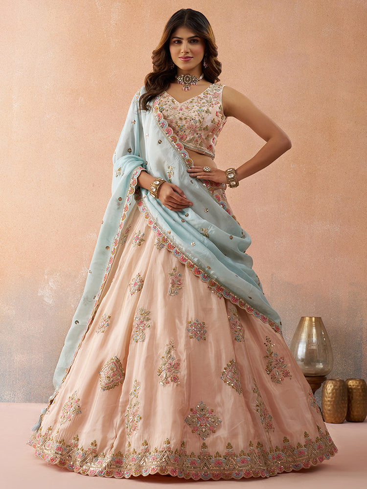 peach tissue sequined zari embroidered semi stitched lehenga set