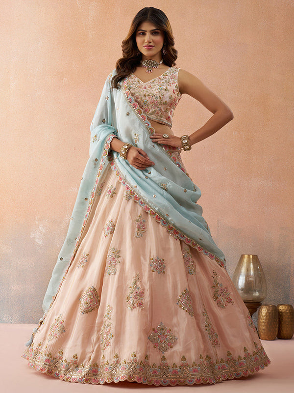 Peach Tissue Sequins Wedding Lehenga Choli
