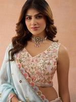 peach tissue lehenga set with zari embroidery and dupatta