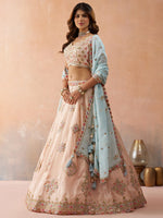 designer peach tissue semi stitched lehenga for wedding wear