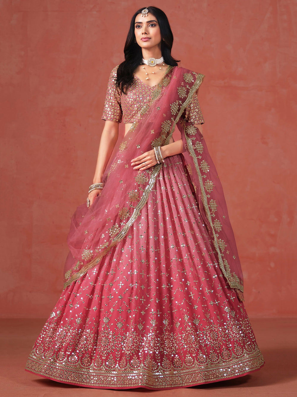 Peach Sequins Wedding Lehenga Choli For Women