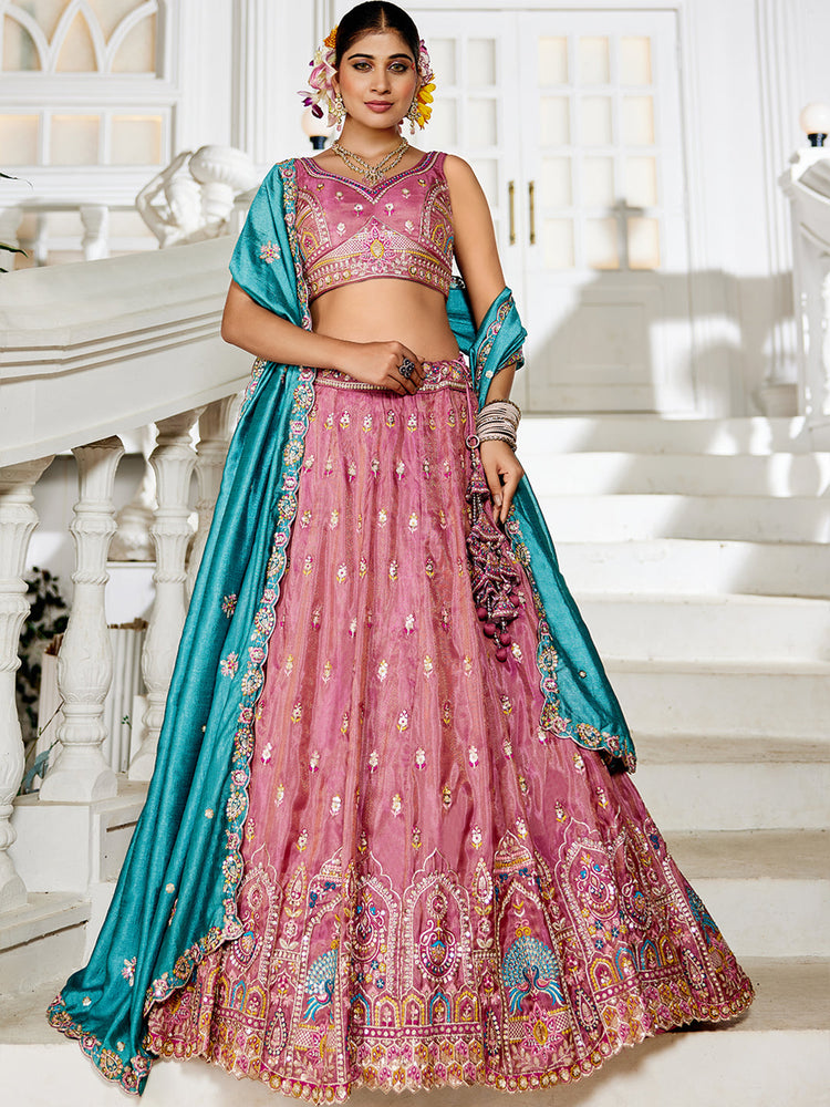 pink semi stitched designer lehenga with premium embroidery
