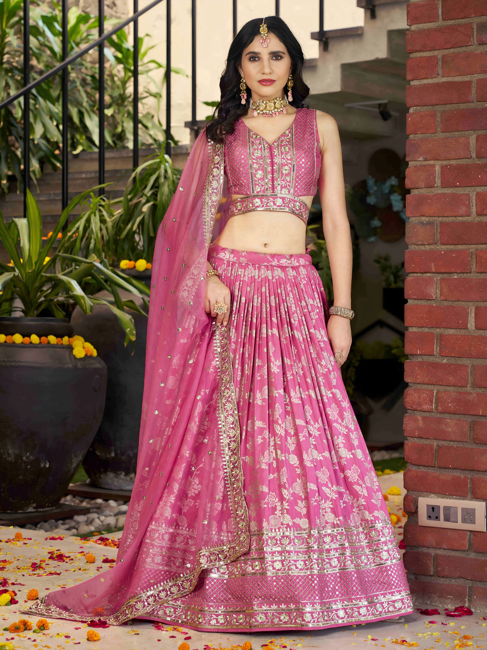 pink designer dola silk jacquard lehenga choli