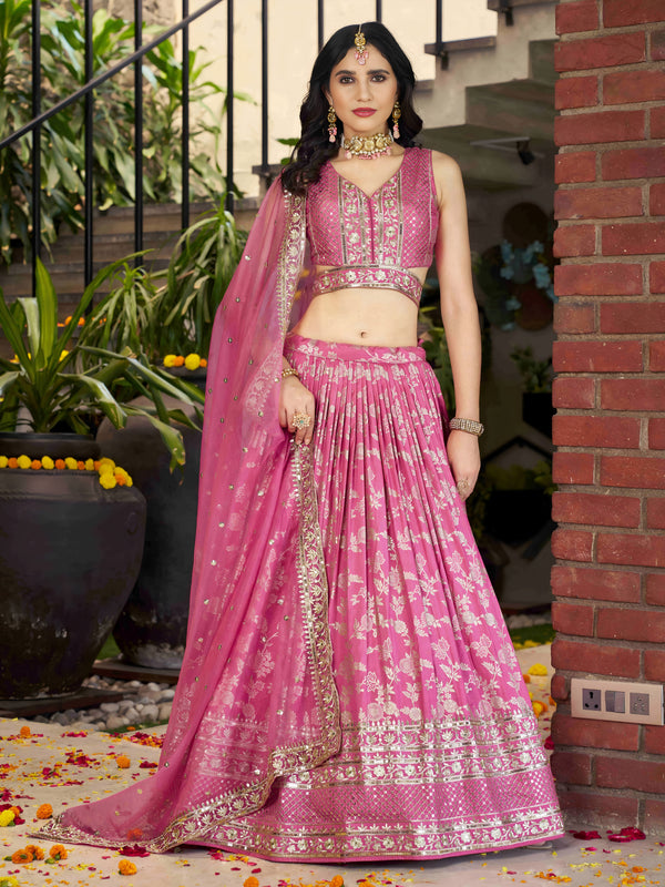 Pink Banarasi Silk Lehenga Choli Set