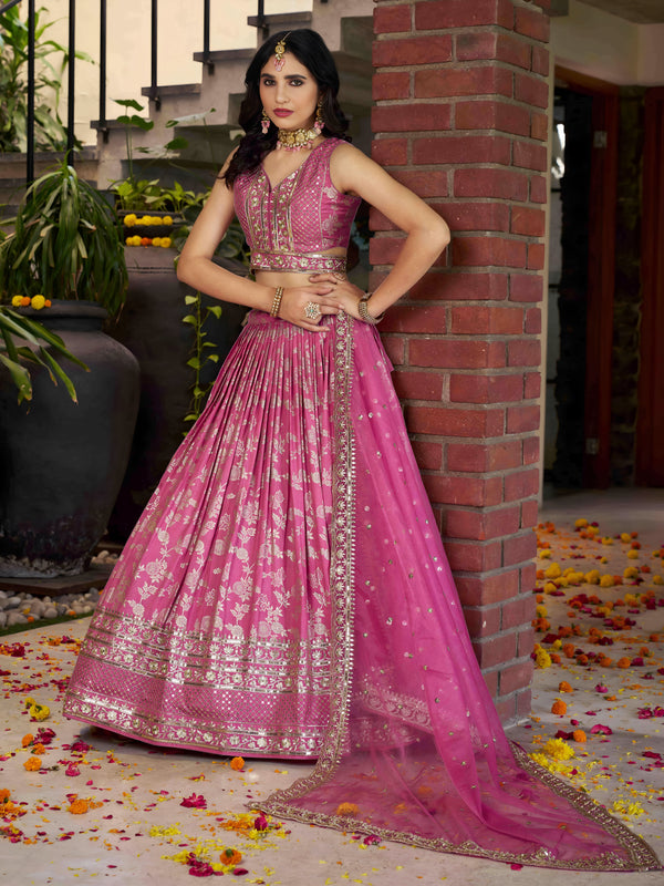 Pink Banarasi Silk Lehenga Choli Set