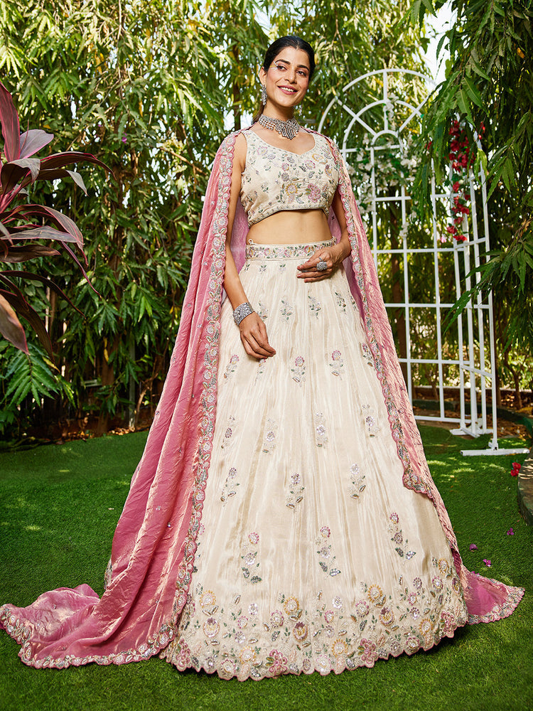 pink sequins embroidered tissue lehenga for women