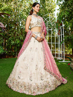 pink designer tissue lehenga with thread embroidery