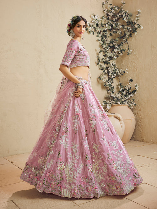 satin silk lehenga choli in pink with sequins work