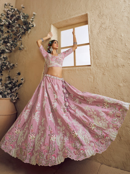 satin silk lehenga choli in pink with sequins work