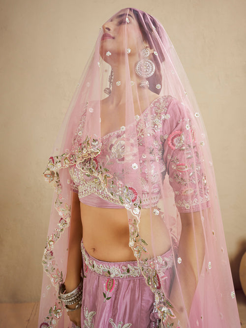 satin silk lehenga choli in pink with sequins work