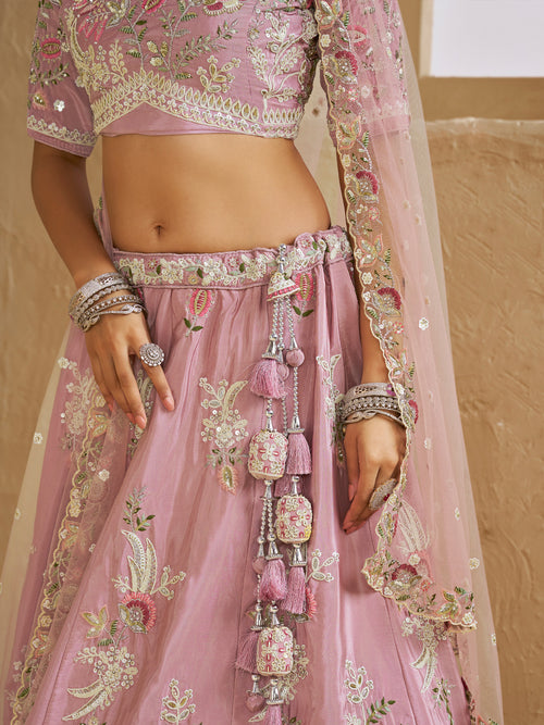 satin silk lehenga choli in pink with sequins work