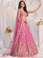 pink organza embroidered lehenga choli with golden sequin work