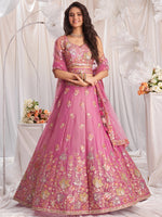 pink organza embroidered lehenga choli with golden sequin work