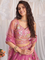 pink organza embroidered lehenga choli with golden sequin work
