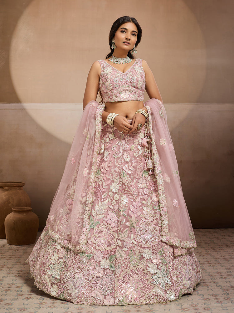 pink latest designer net lehenga choli for wedding functions