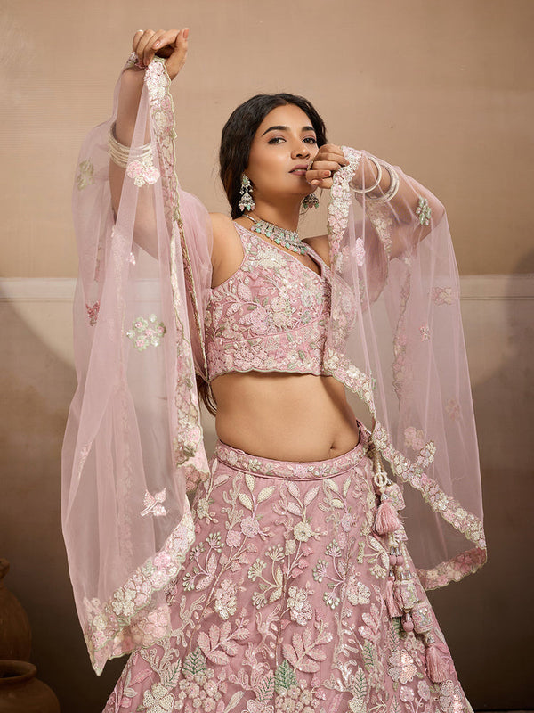 Pink Sequins Net Lehenga Choli for Women