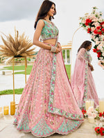 designer pink and sky blue tissue lehenga choli