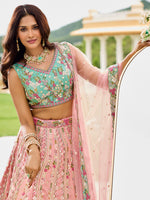 designer pink and sky blue tissue lehenga choli