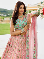 designer pink and sky blue tissue lehenga choli