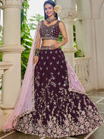 burgundy organza sequins embroidered semi stitched lehenga choli with dupatta