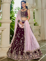 burgundy semi stitched bridal lehenga with sequins work