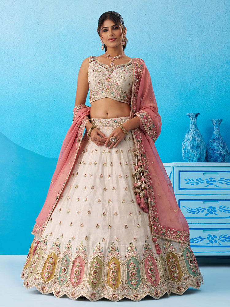 cream and pink tissue sequined embroidered semi stitched lehenga set